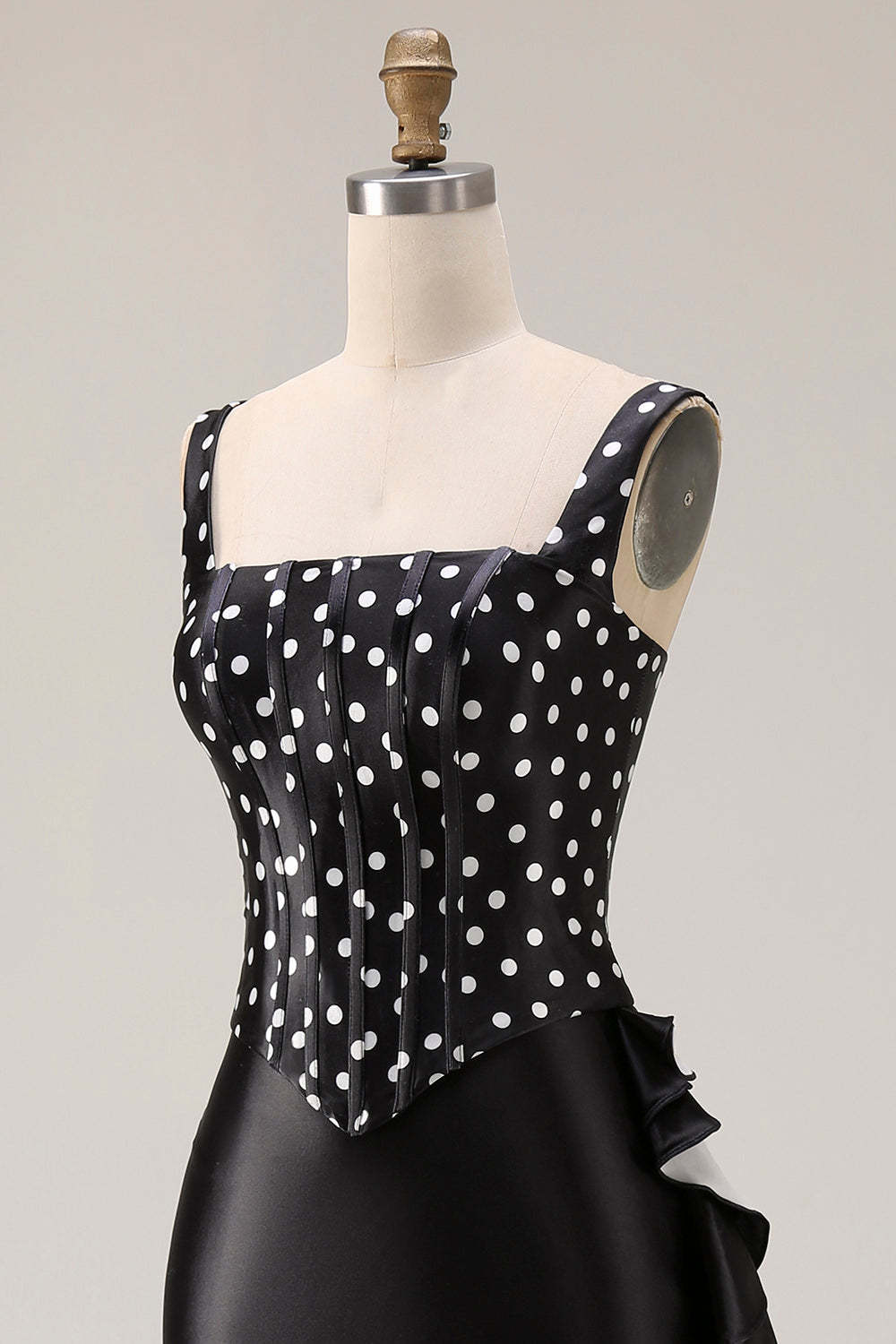 Black and White Polka Dots Mermaid Asymmetrical Corset Prom Dress with Ruffles