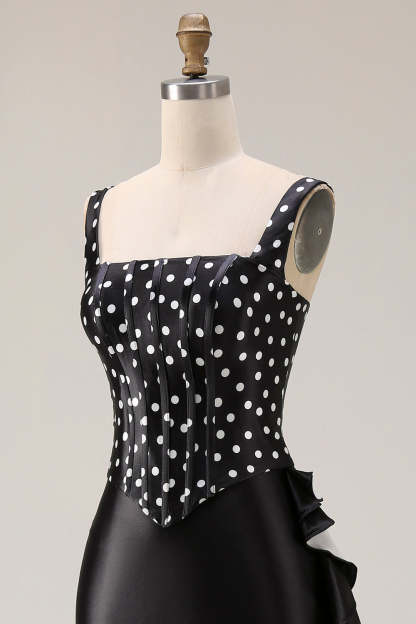 Black and White Polka Dots Mermaid Asymmetrical Corset Prom Dress with Ruffles