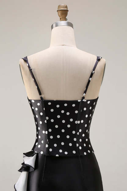 Black and White Polka Dots Mermaid Asymmetrical Corset Prom Dress with Ruffles
