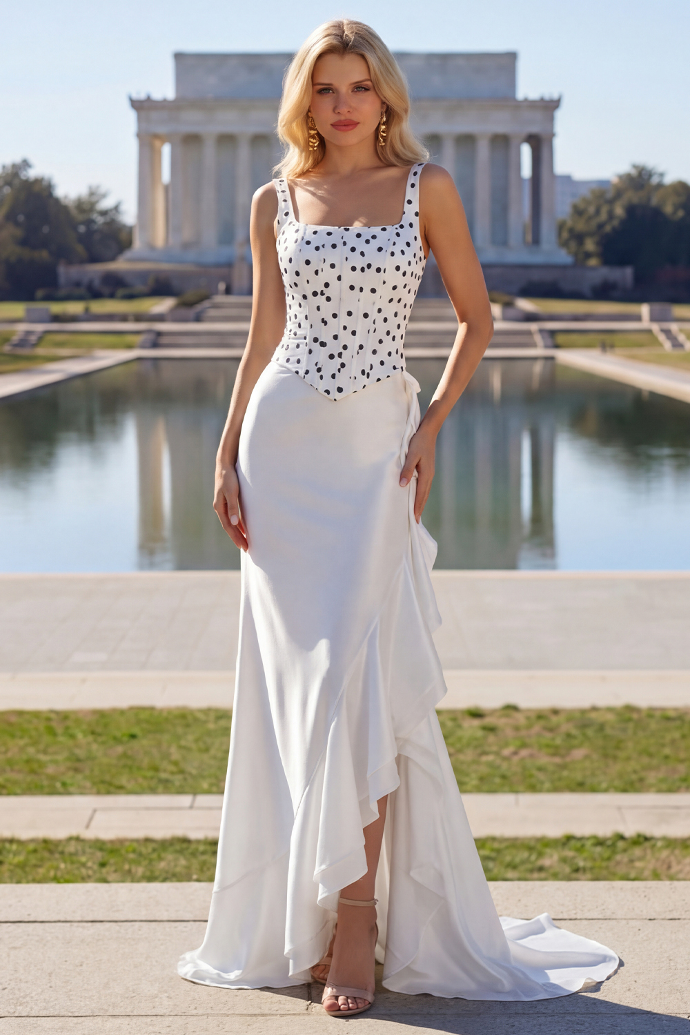 Black and White Polka Dots Mermaid Asymmetrical Corset Prom Dress with Ruffles