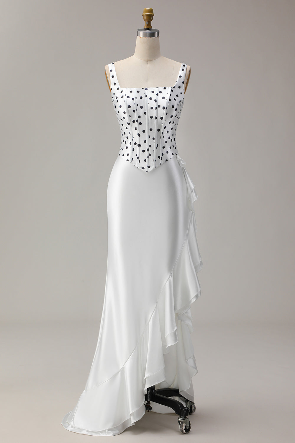 Black and White Polka Dots Ruffled Mermaid Asymmetrical Corset Prom Dress