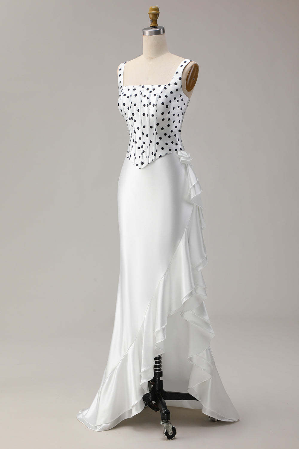 Black and White Polka Dots Ruffled Mermaid Asymmetrical Corset Prom Dress