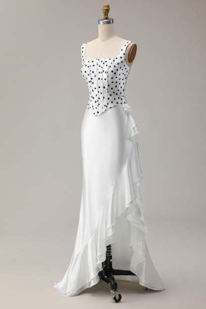 Black and White Polka Dots Ruffled Mermaid Asymmetrical Corset Prom Dress