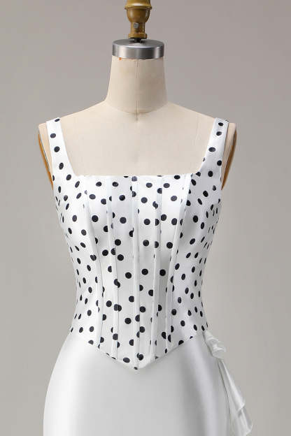 Black and White Polka Dots Ruffled Mermaid Asymmetrical Corset Prom Dress