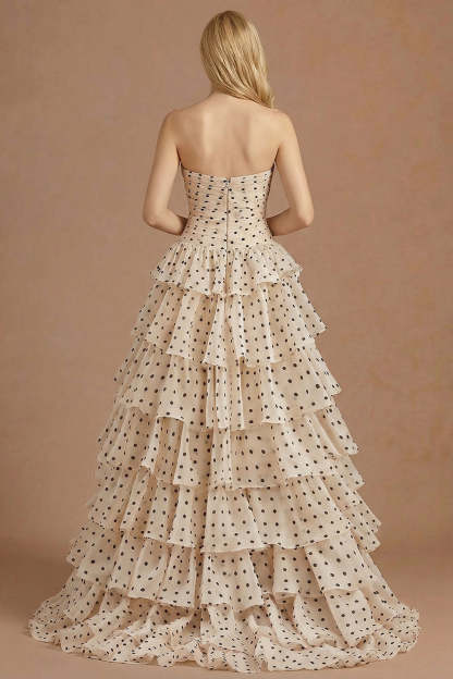 A Line Apricot Black Dot Tiered Ruffled Long Prom Dress with Slit
