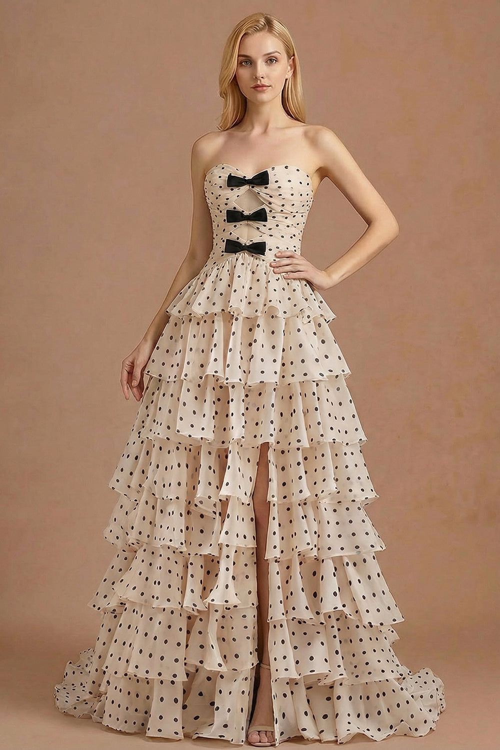 A Line Apricot Black Dot Tiered Ruffled Long Prom Dress with Slit