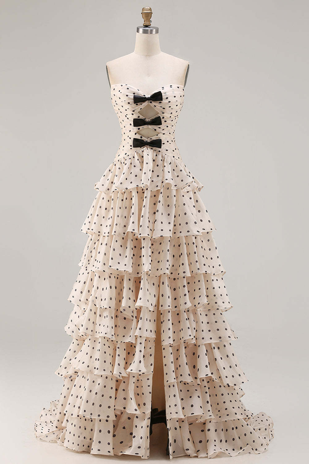 A Line Apricot Black Dot Tiered Ruffled Long Prom Dress with Slit