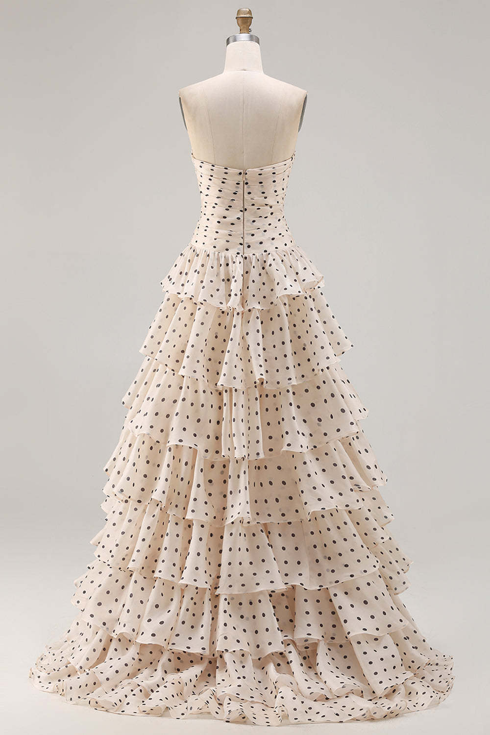 A Line Apricot Black Dot Tiered Ruffled Long Prom Dress with Slit