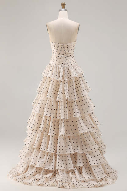 A Line Apricot Black Dot Tiered Ruffled Long Prom Dress with Slit