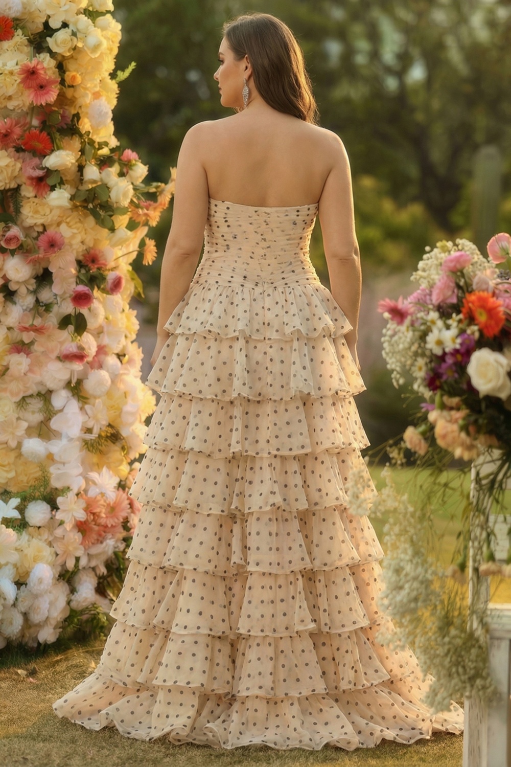 Apricot Black Dot Keyhole Sweetheart Long Tiered Prom Dress with Slit