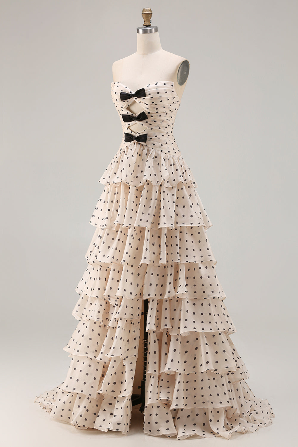 A Line Apricot Black Dot Tiered Ruffled Long Prom Dress with Slit