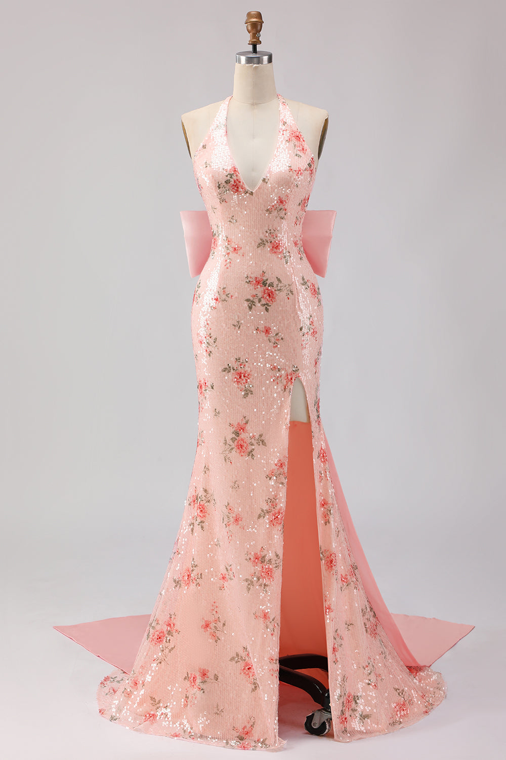 Sparkly Blush Halter Neck Floral Mermaid Maxi Corset Prom Dress with Bow