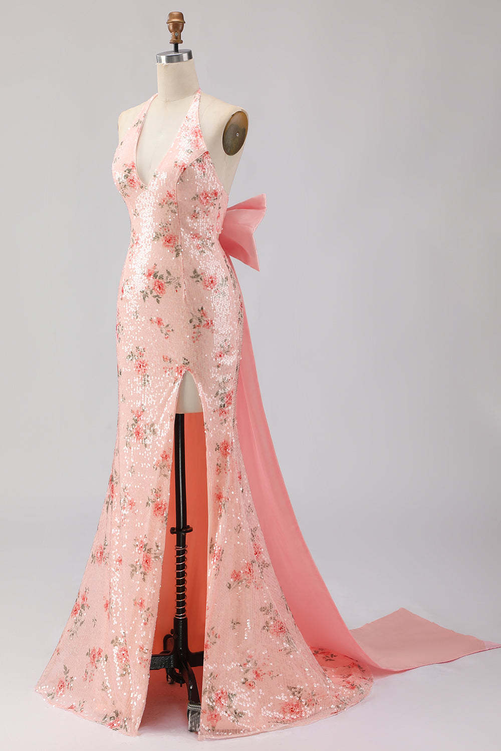 Sparkly Blush Halter Neck Floral Mermaid Maxi Corset Prom Dress with Bow