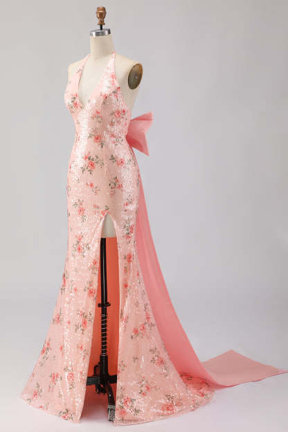 Sparkly Blush Halter Neck Floral Mermaid Maxi Corset Prom Dress with Bow