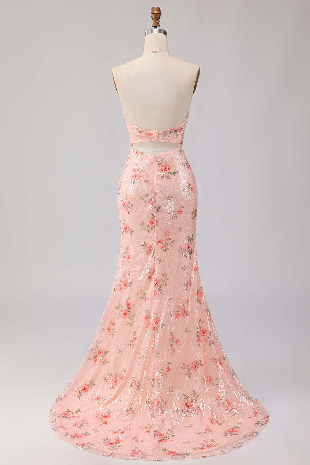 Sparkly Blush Halter Neck Floral Mermaid Maxi Corset Prom Dress with Bow