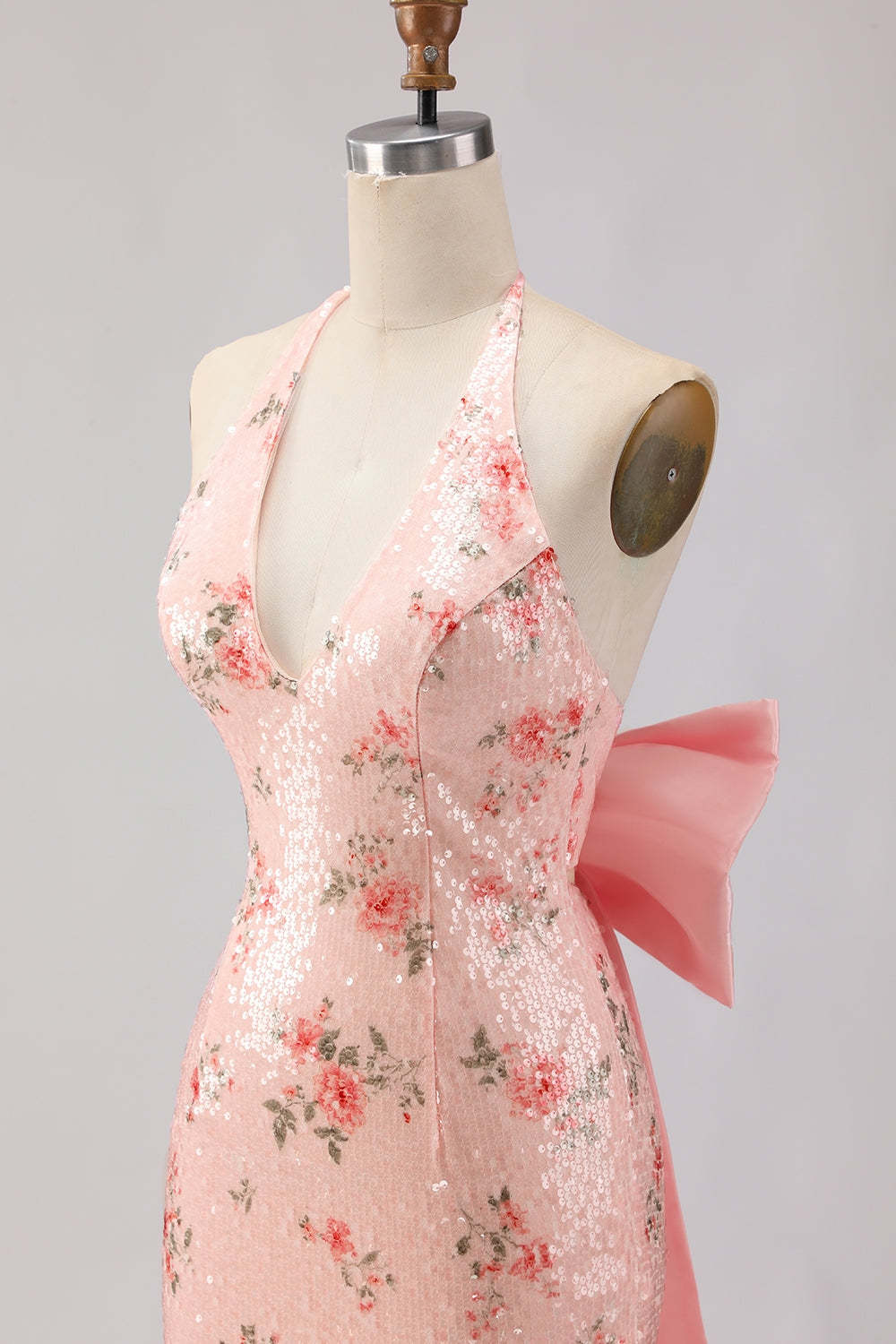 Sparkly Blush Halter Neck Floral Mermaid Maxi Corset Prom Dress with Bow