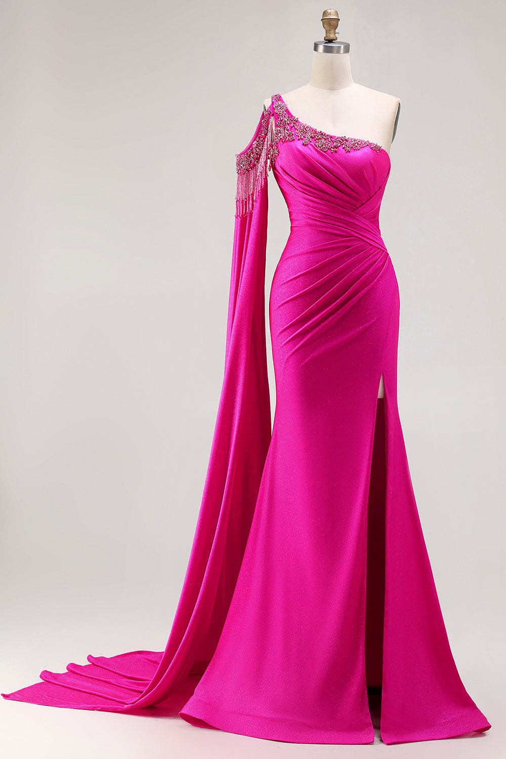 Leely Women Sparkly Fuchsia Beaded Long Prom Dress with Cape Mermaid Satin Fringed Ruched Backless One Shoulder Pageant Dress with Slit