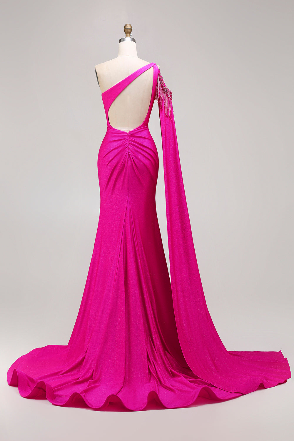 Sparkly Fuchsia Beaded One Shoulder Mermaid Long Prom Dress with Cape