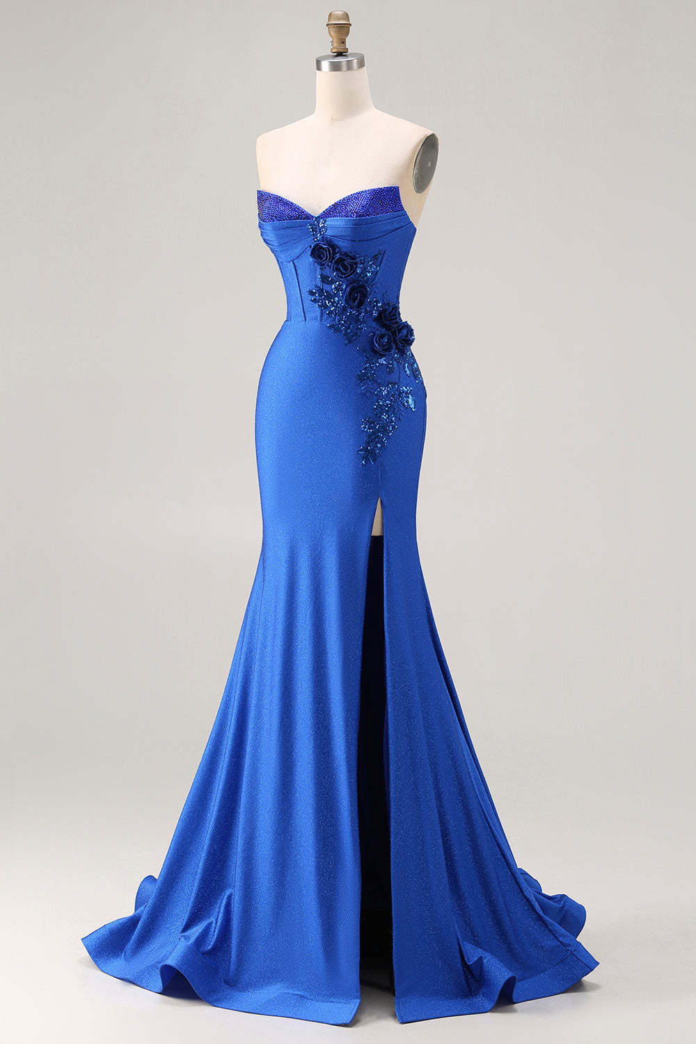 Sparkly Royal Blue Beaded Mermaid Long Corset Prom Dress with Appliques