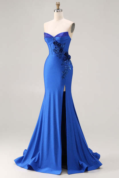 Sparkly Royal Blue Beaded Mermaid Long Corset Prom Dress with Appliques