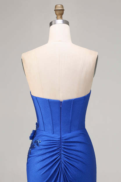 Sparkly Royal Blue Beaded Mermaid Long Corset Prom Dress with Appliques