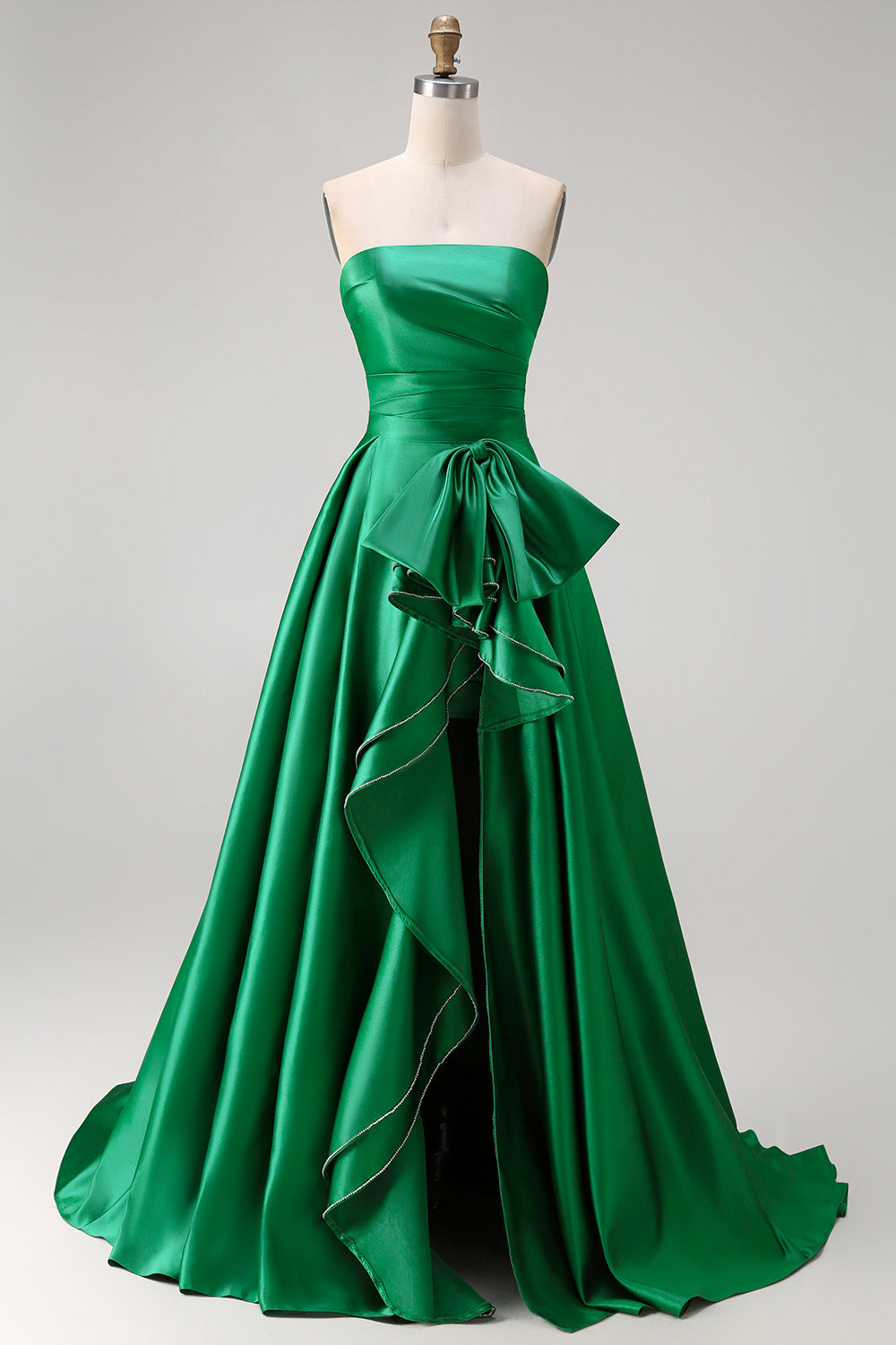 Dark Green A Line Ruched Strapless Long Prom Dress with Detachable Cape