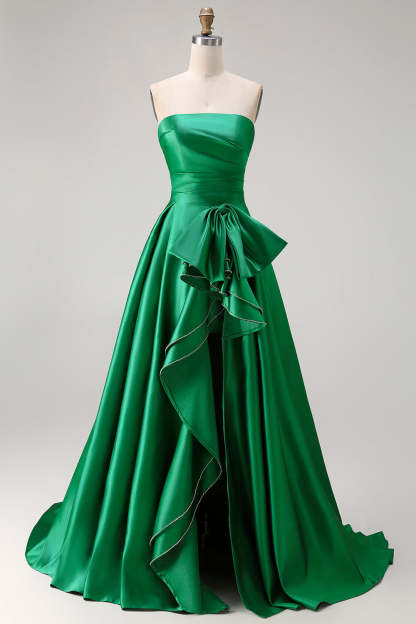 Dark Green A Line Ruched Strapless Long Prom Dress with Detachable Cape