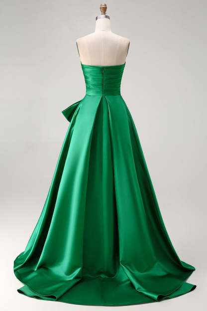 Dark Green A Line Ruched Strapless Long Prom Dress with Detachable Cape