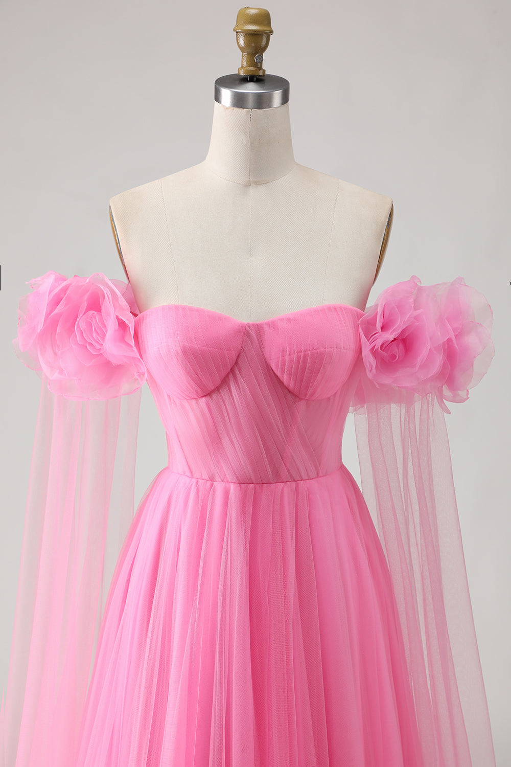 Hot Pink Tulle Off the Shoulder Long Prom Dress with 3D Flowers