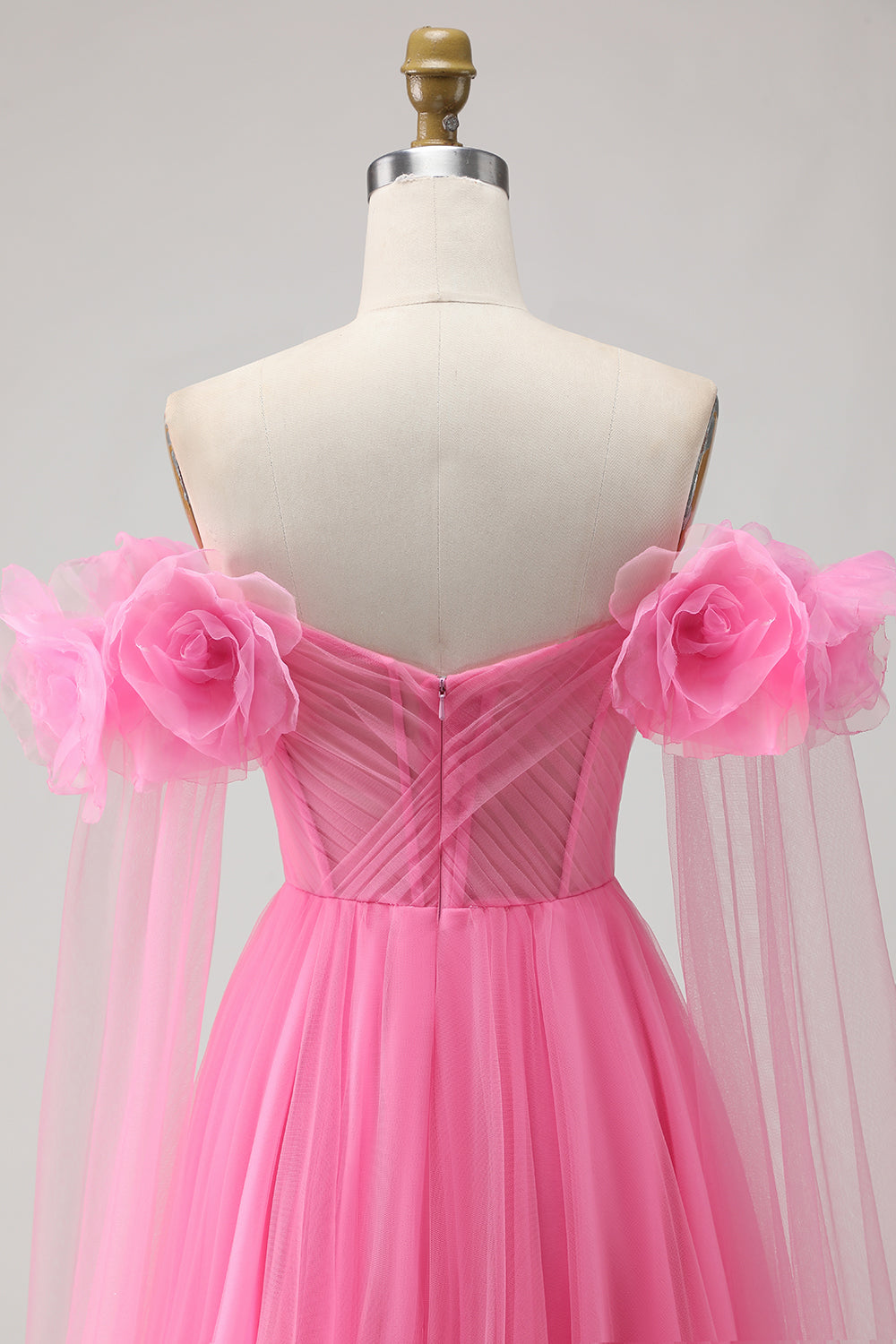 Hot Pink Tulle Off the Shoulder Long Prom Dress with 3D Flowers