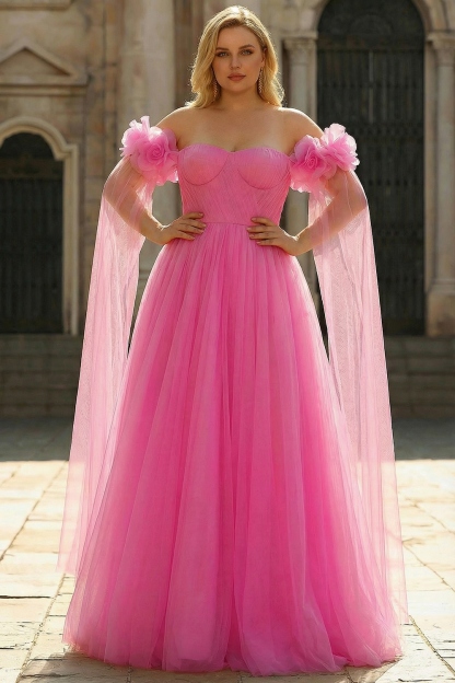 Hot Pink Tulle Off the Shoulder Long Prom Dress with 3D Flowers