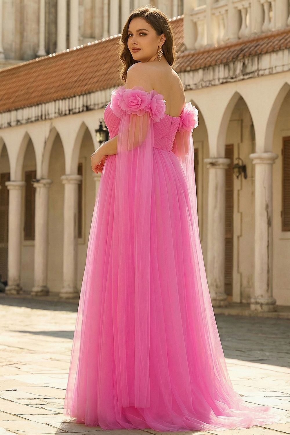 Hot Pink Tulle Off the Shoulder Long Prom Dress with 3D Flowers