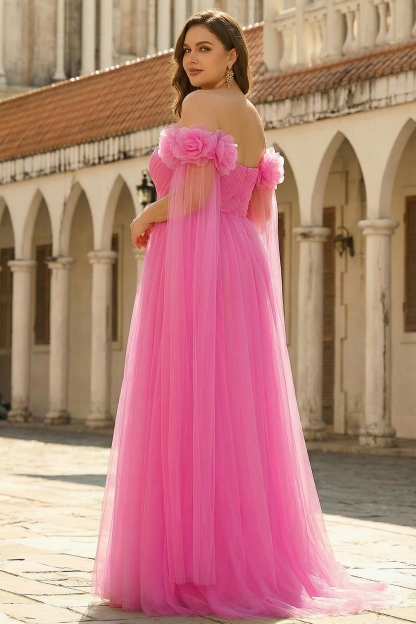 Hot Pink Tulle Off the Shoulder Long Prom Dress with 3D Flowers