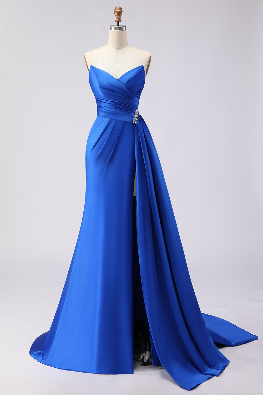 Leely Women Royal Blue Mermaid Long Prom Dress with Side Cape Satin Ruched Strapless Gala Dress with Rhinestones