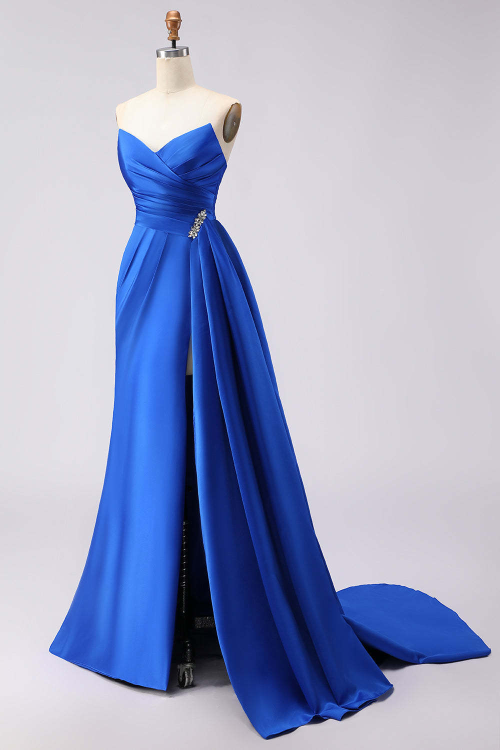Royal Blue Mermaid Strapless Ruched Long Prom Dress with Side Cape