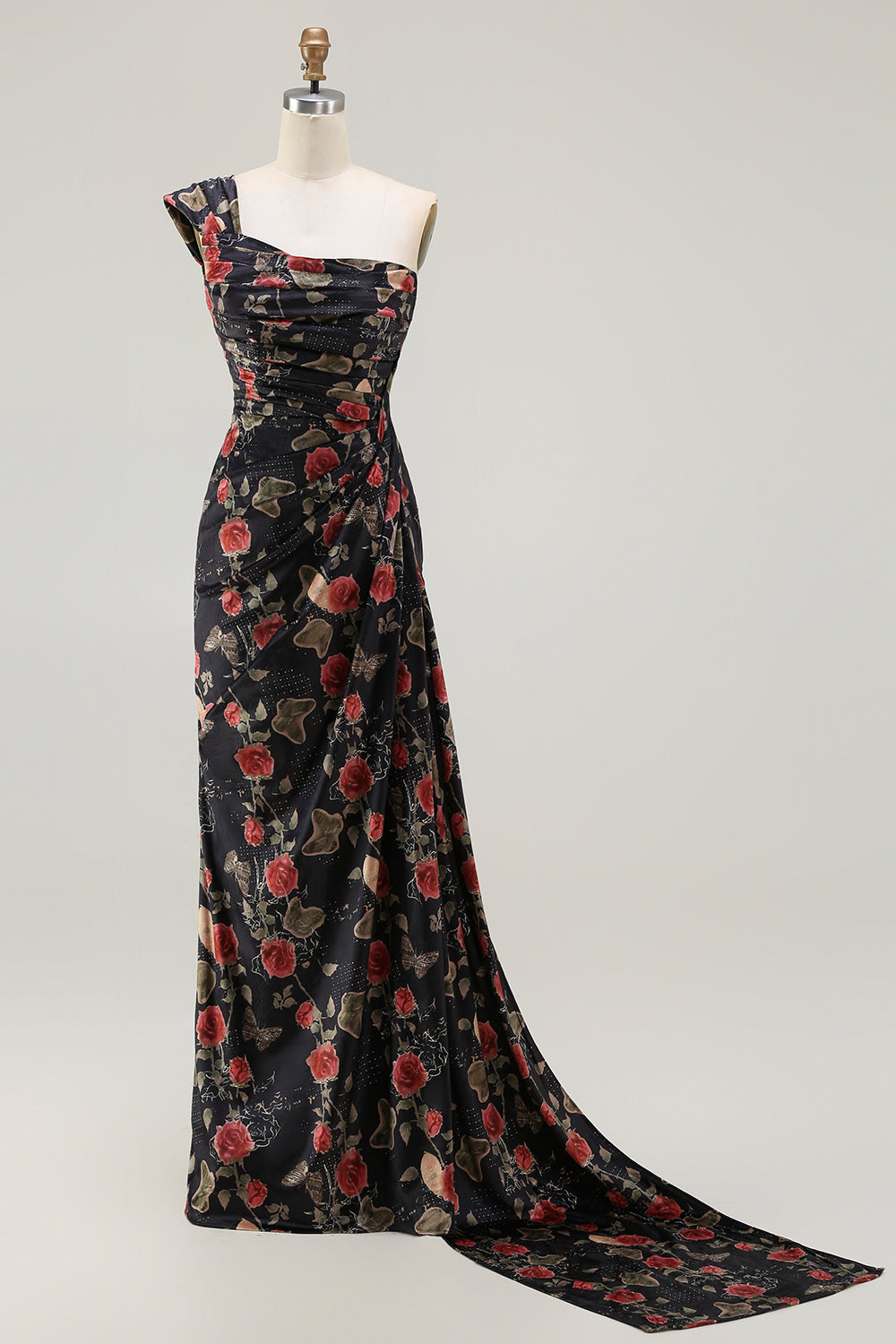 Floral Black and Red Mermaid Maxi Prom Dress with Slit