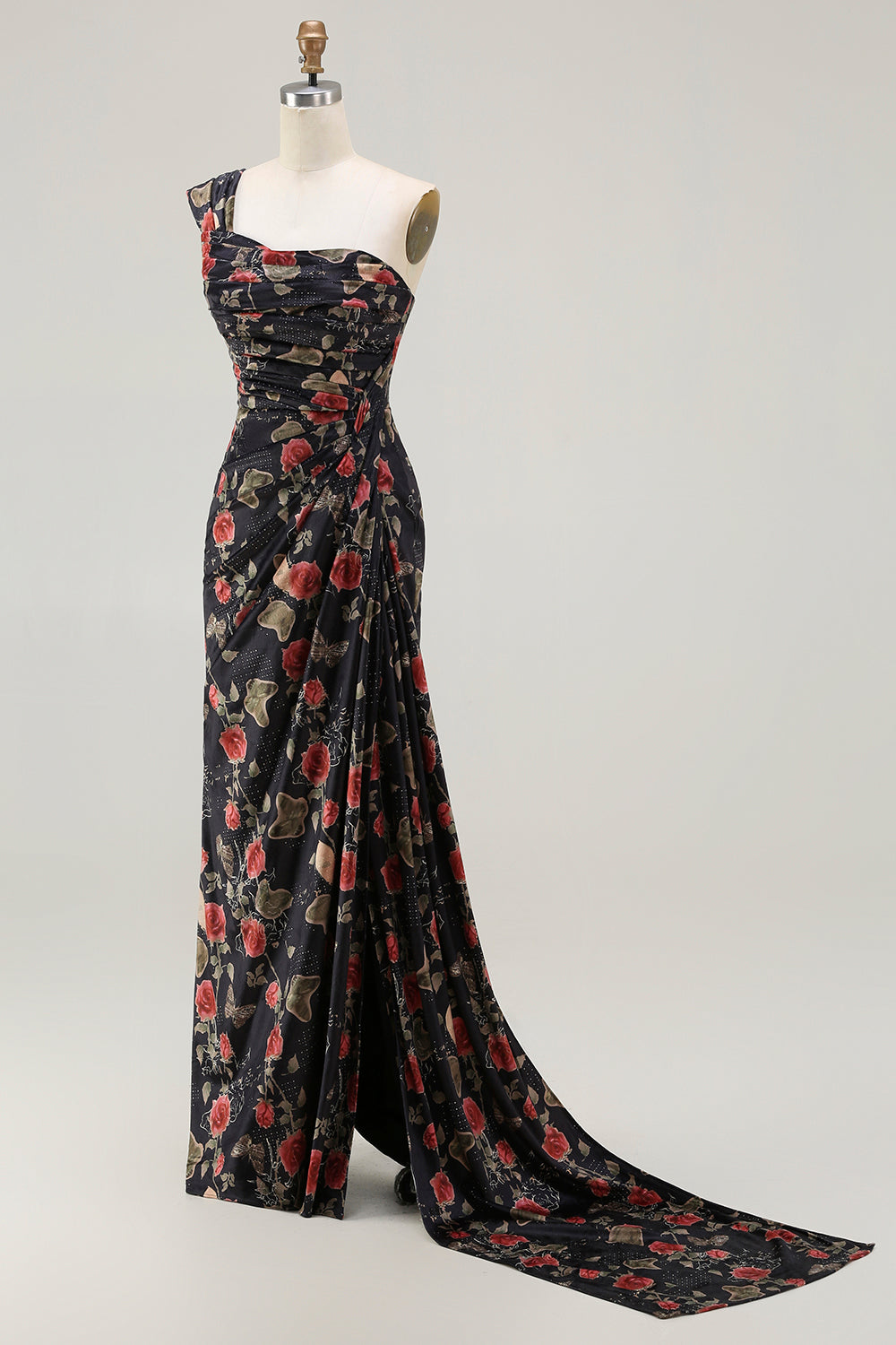 Floral Black and Red Mermaid Maxi Prom Dress with Slit