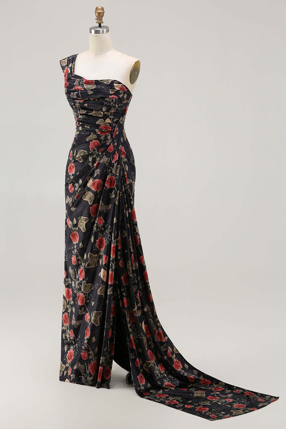 Floral Black and Red Mermaid Maxi Prom Dress with Slit