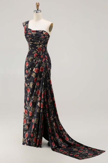 Floral Black and Red Mermaid Maxi Prom Dress with Slit