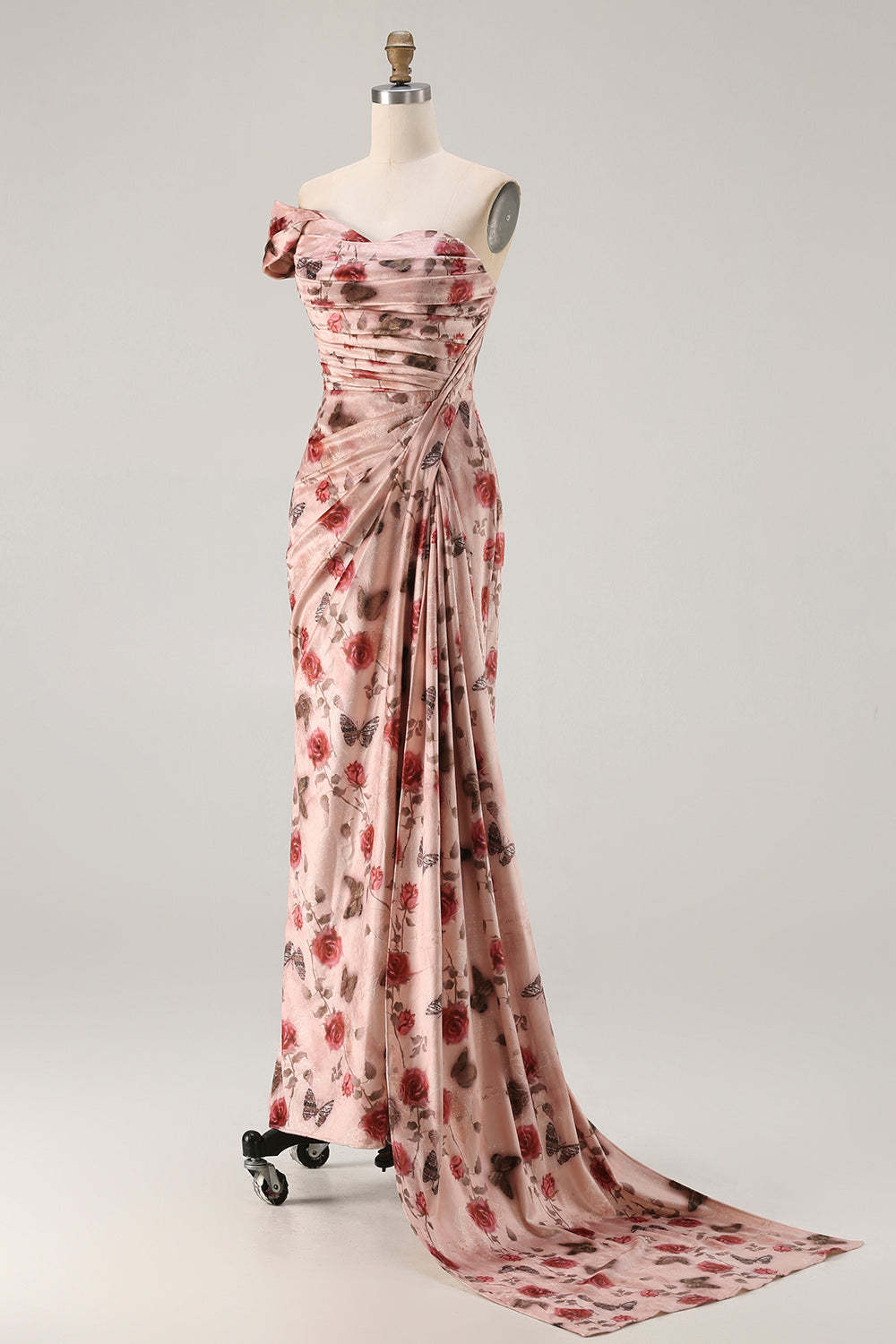 Floral Blush Mermaid Ruched Long Prom Dress with Side Cape