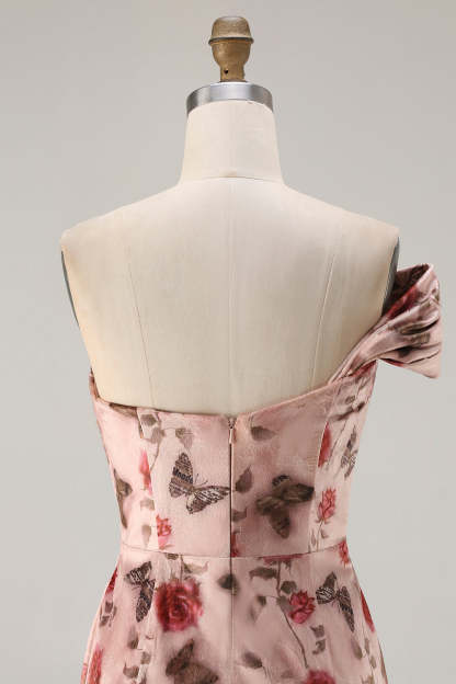 Floral Blush Mermaid Ruched Long Prom Dress with Side Cape