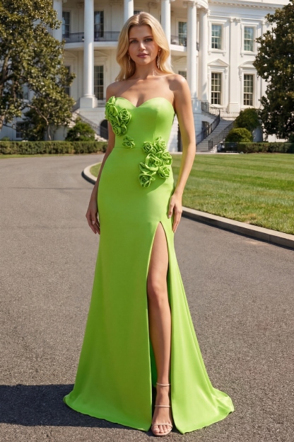 Green Satin Mermaid Sweetheart Long 3D Flowers Prom Dress with Slit
