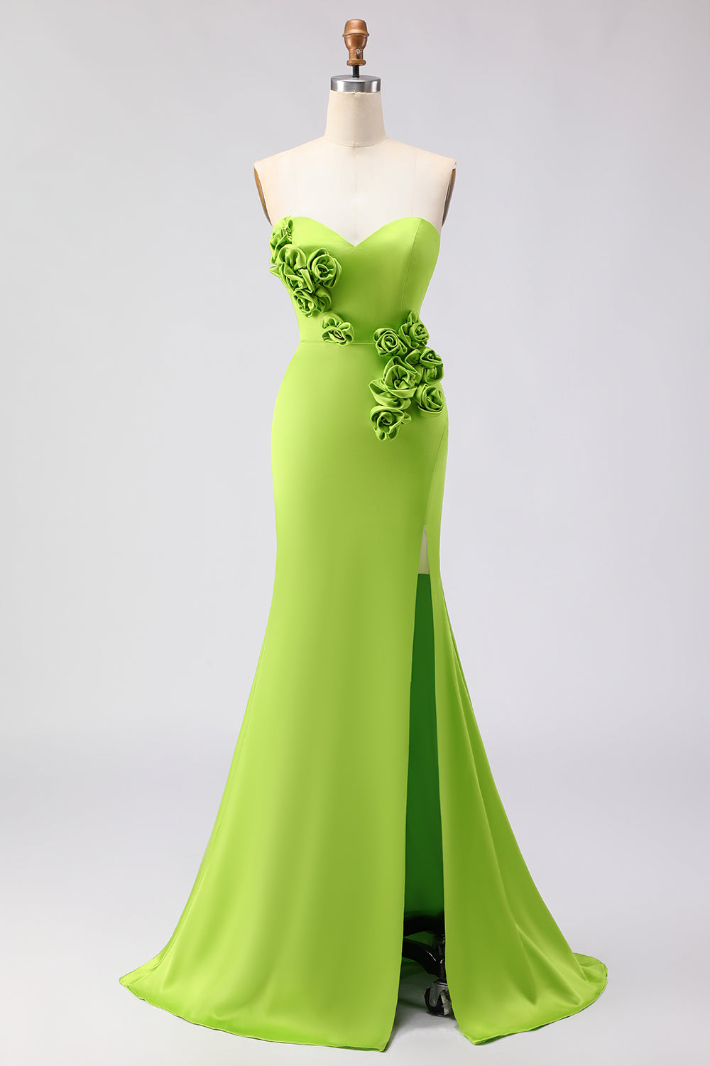 Leely Women Green Satin Long Mermaid Prom Dress with 3D Flowers Floral Sweetheart Gala Dress with Slit
