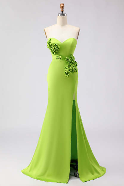 Leely Women Green Satin Long Mermaid Prom Dress with 3D Flowers Floral Sweetheart Gala Dress with Slit