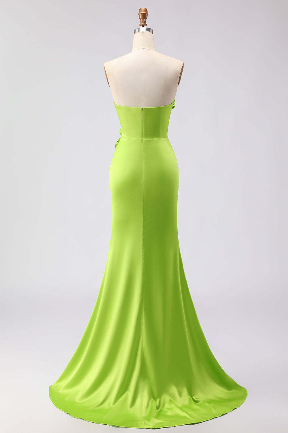 Green Satin Mermaid Sweetheart Long 3D Flowers Prom Dress with Slit