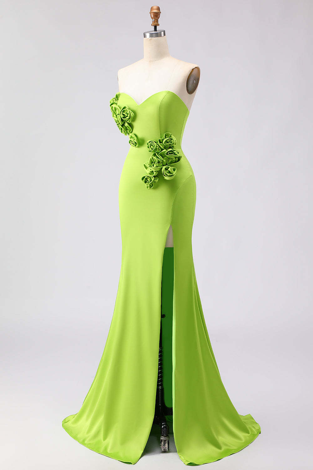 Green Satin Mermaid Sweetheart Long 3D Flowers Prom Dress with Slit