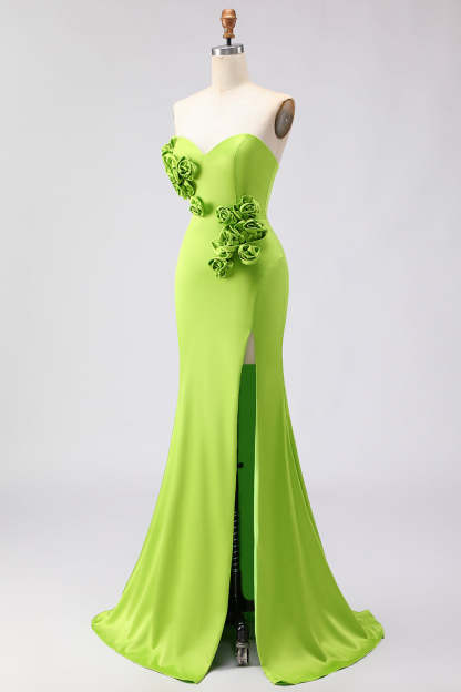 Green Satin Mermaid Sweetheart Long 3D Flowers Prom Dress with Slit