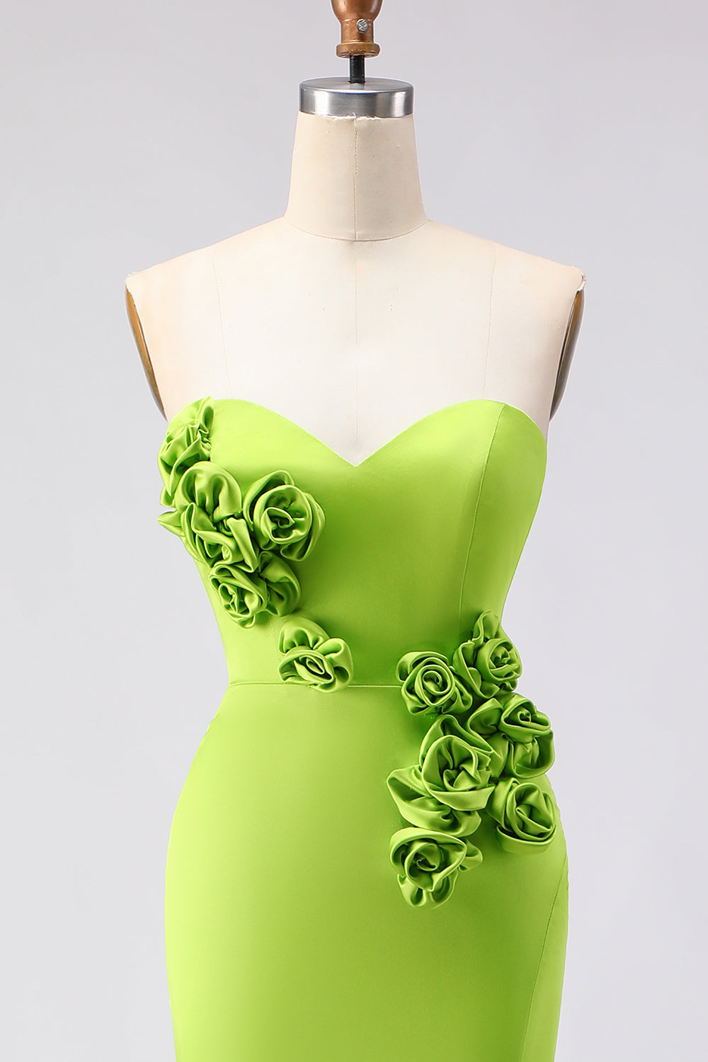 Green Satin Mermaid Sweetheart Long 3D Flowers Prom Dress with Slit