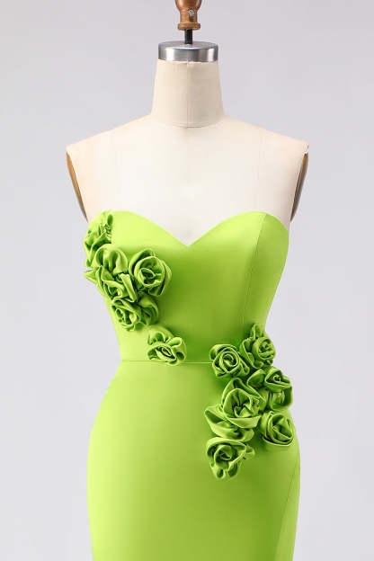 Green Satin Mermaid Sweetheart Long 3D Flowers Prom Dress with Slit