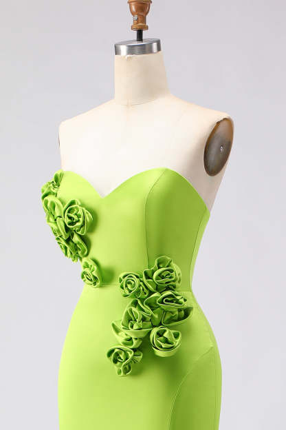 Green Satin Mermaid Sweetheart Long 3D Flowers Prom Dress with Slit